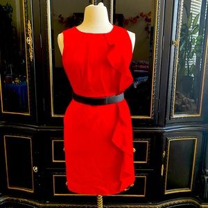 Size 12 Calvin Klein Belted Red Ruffle Pencil Dress
